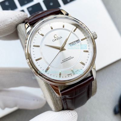 Replica Omega White Dial Stainless Steel Case Leather Watch 40mm